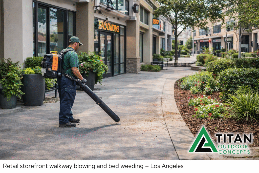 Retail storefront walkway blowing and bed weeding- Los Angeles